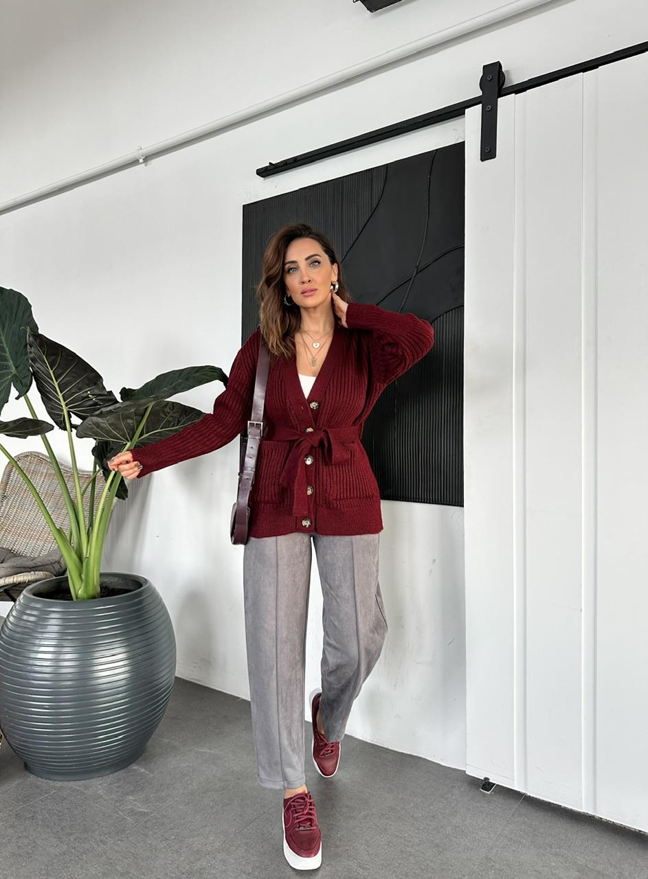Bordo Cepli Kuşaklı Hırka