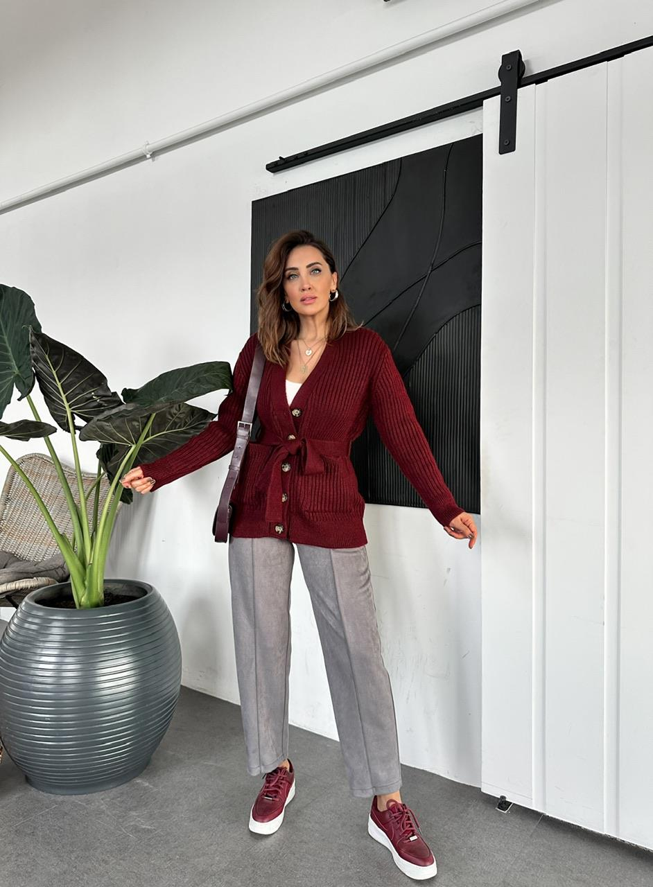 Bordo Cepli Kuşaklı Hırka