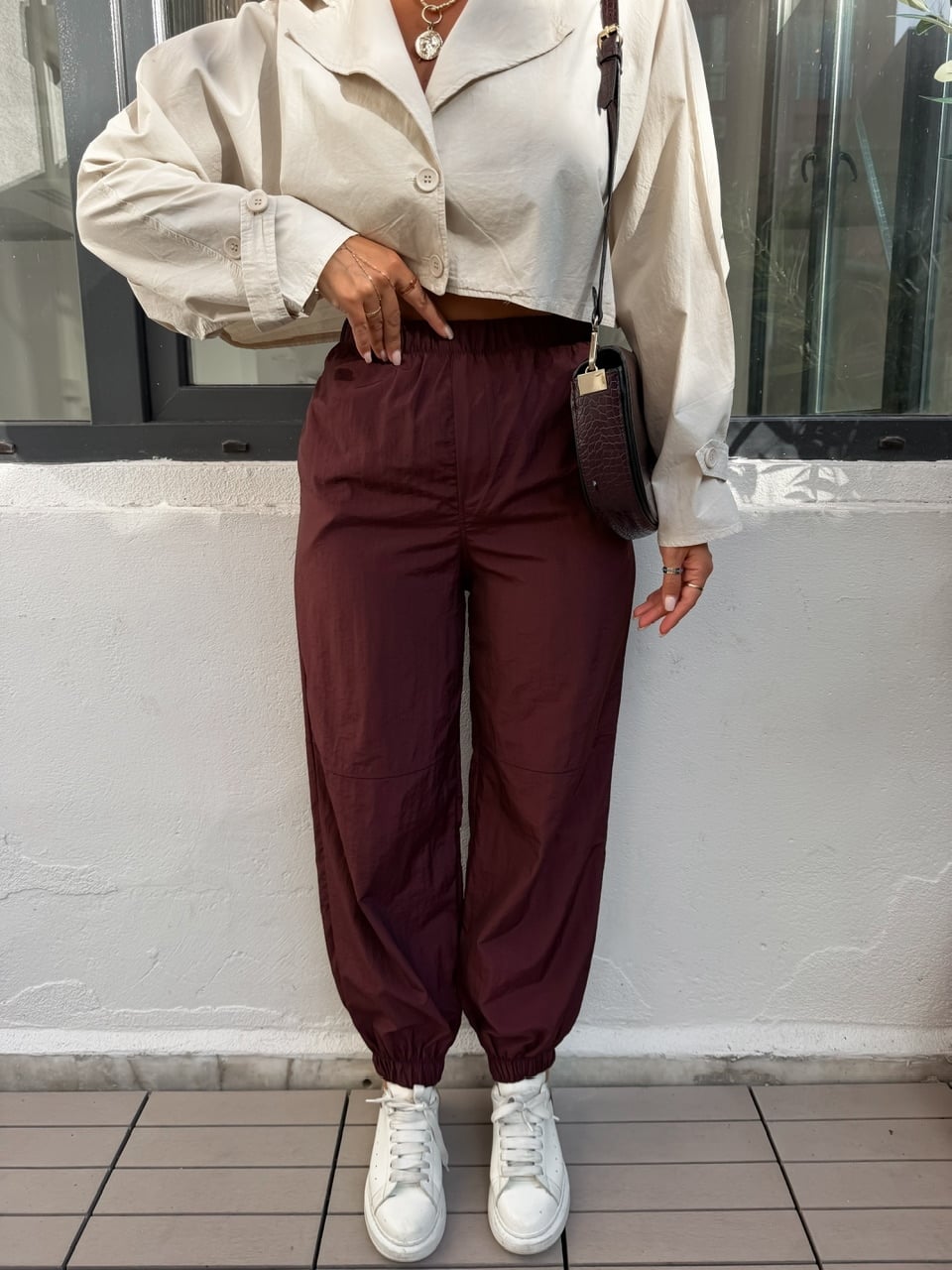 Bordo Cepli Lastikli Paraşüt Pantolon