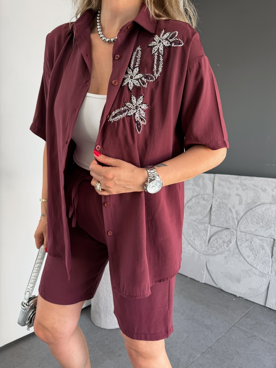 Bordo Çiçek Nakışlı Şortlu Takım