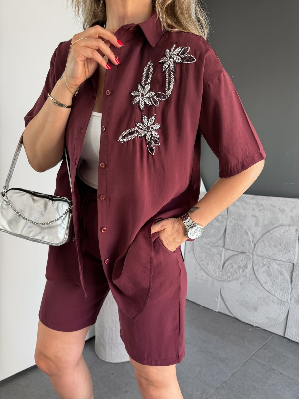 Bordo Çiçek Nakışlı Şortlu Takım