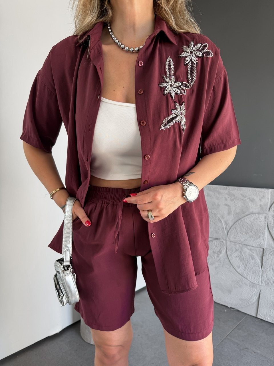 Bordo Çiçek Nakışlı Şortlu Takım