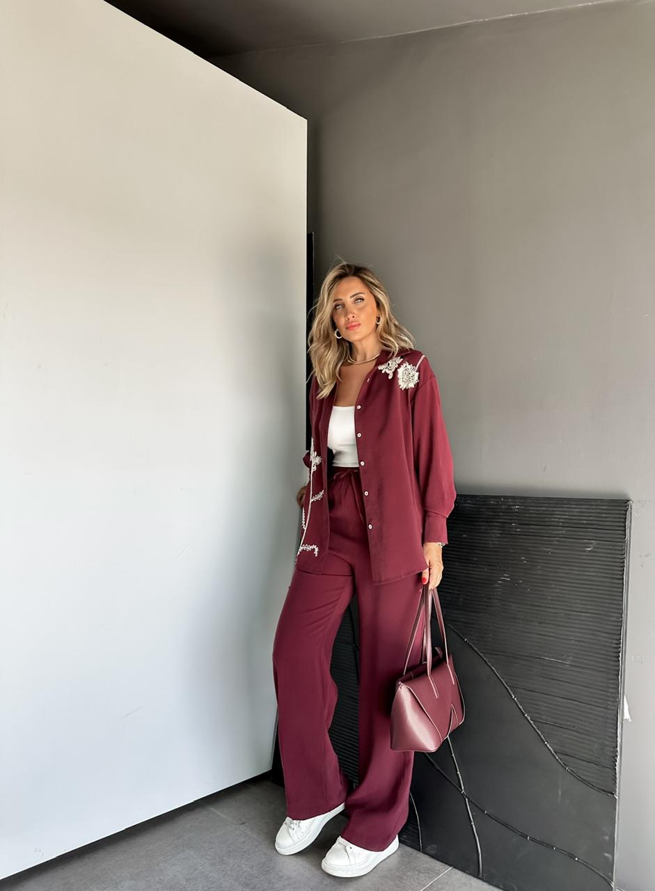 Bordo Çiçek Nakışlı Takım