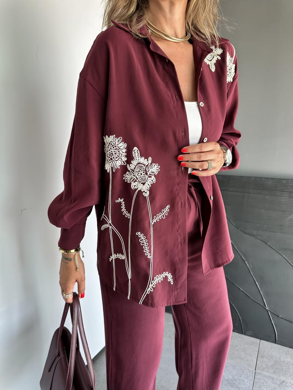 Bordo Çiçek Nakışlı Takım
