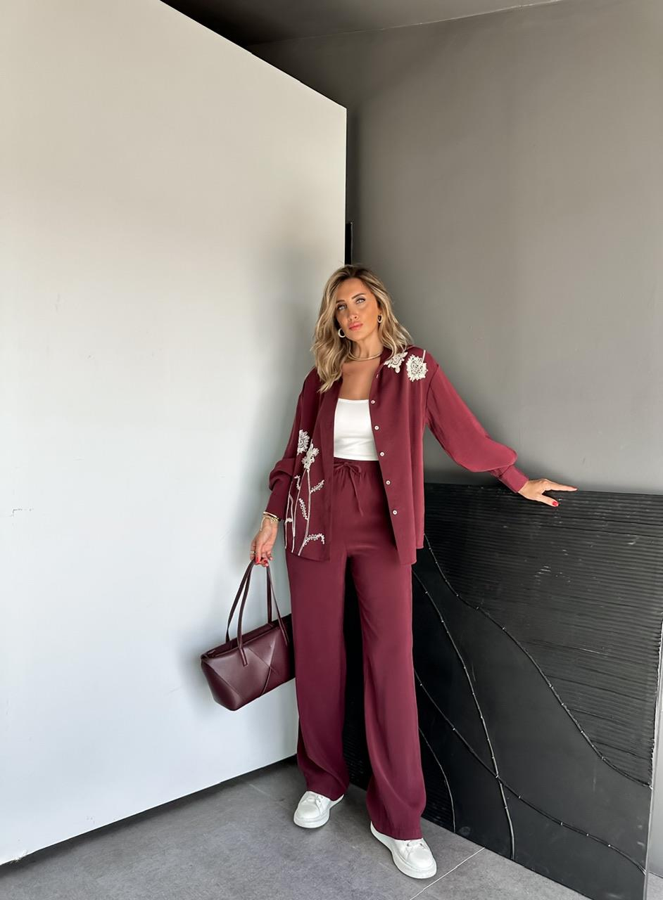 Bordo Çiçek Nakışlı Takım