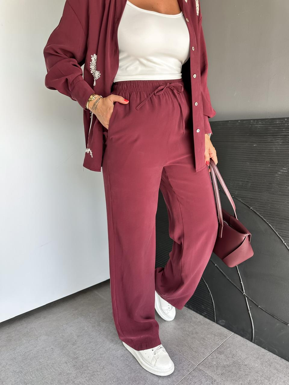 Bordo Çiçek Nakışlı Takım
