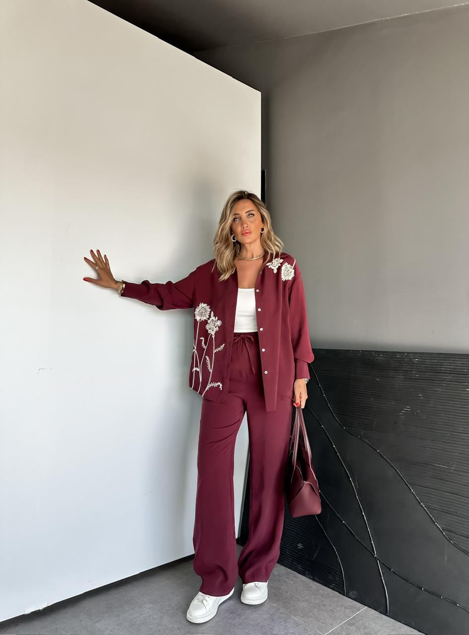 Bordo Çiçek Nakışlı Takım
