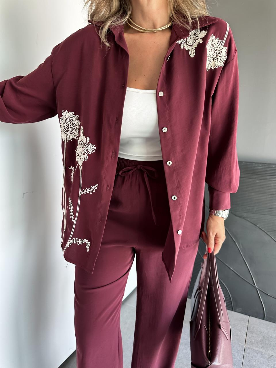 Bordo Çiçek Nakışlı Takım