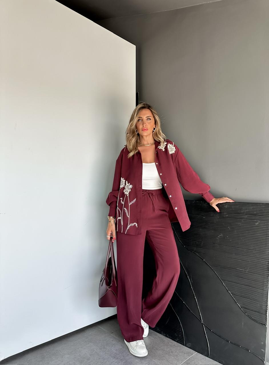 Bordo Çiçek Nakışlı Takım