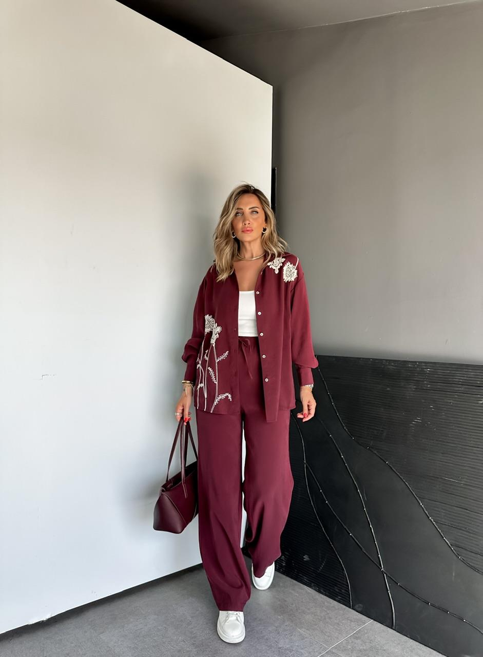 Bordo Çiçek Nakışlı Takım