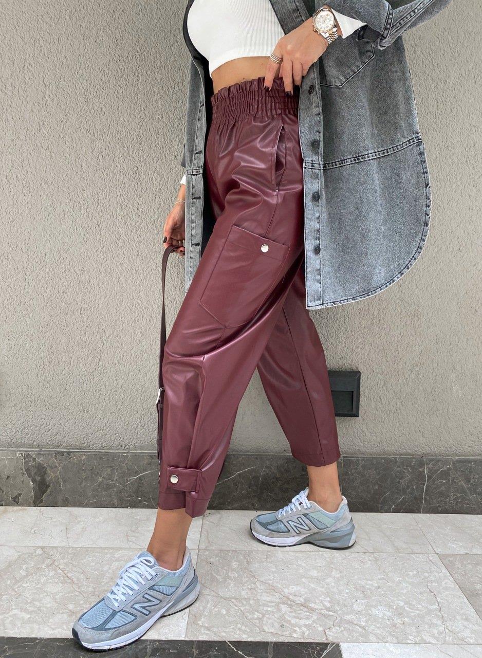 Bordo Çıtçıtlı Deri Pantolon