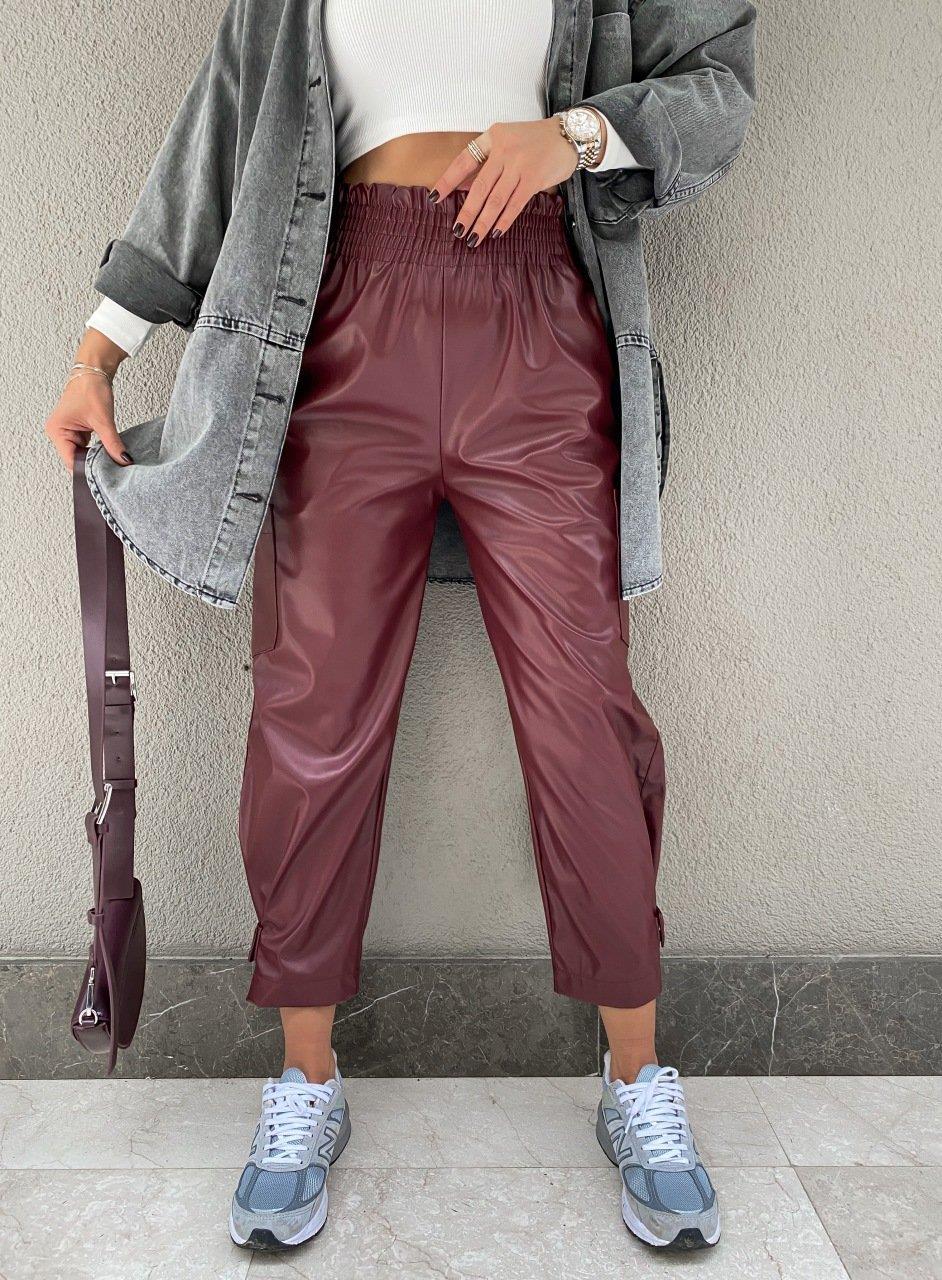 Bordo Çıtçıtlı Deri Pantolon