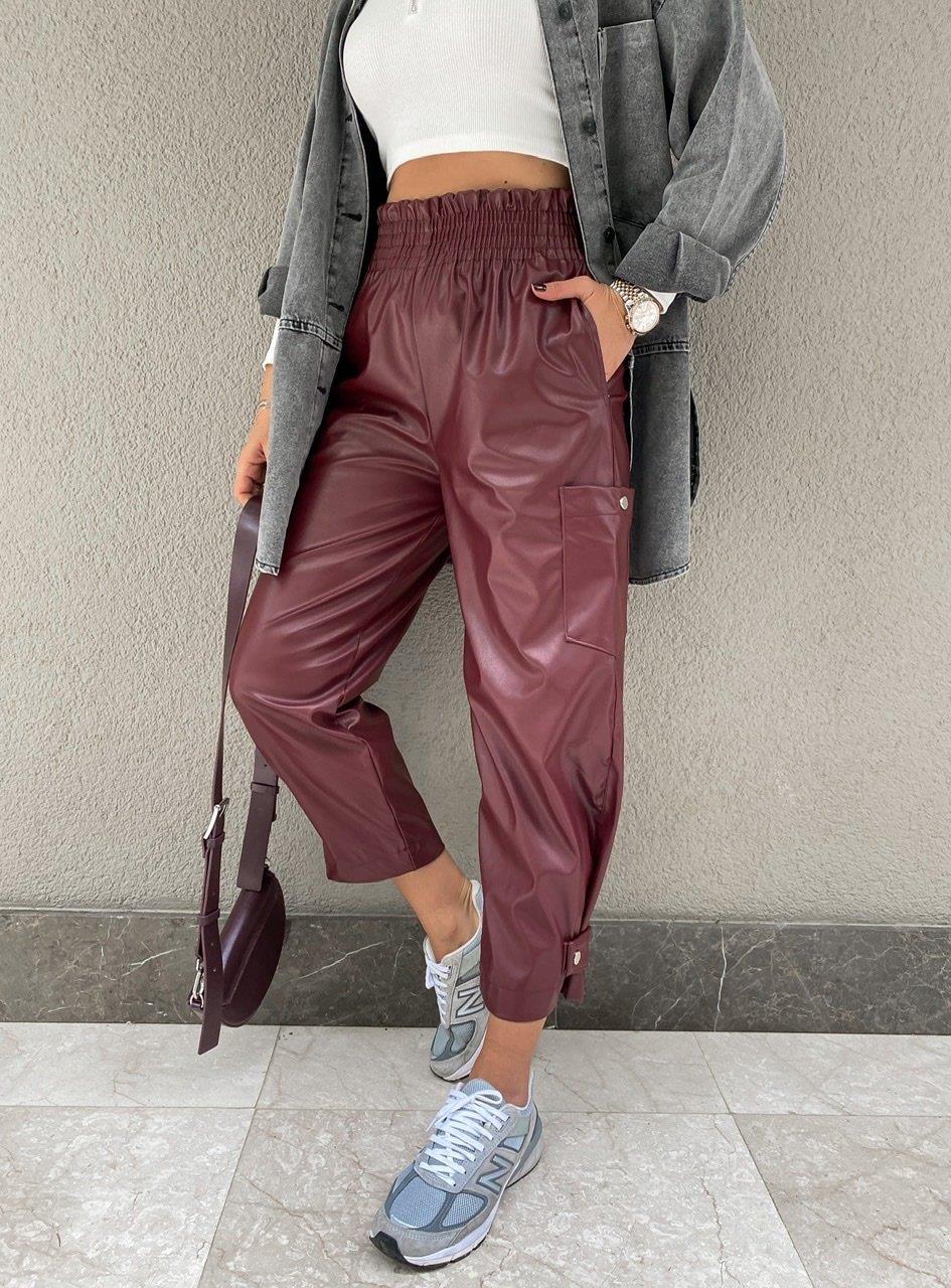 Bordo Çıtçıtlı Deri Pantolon