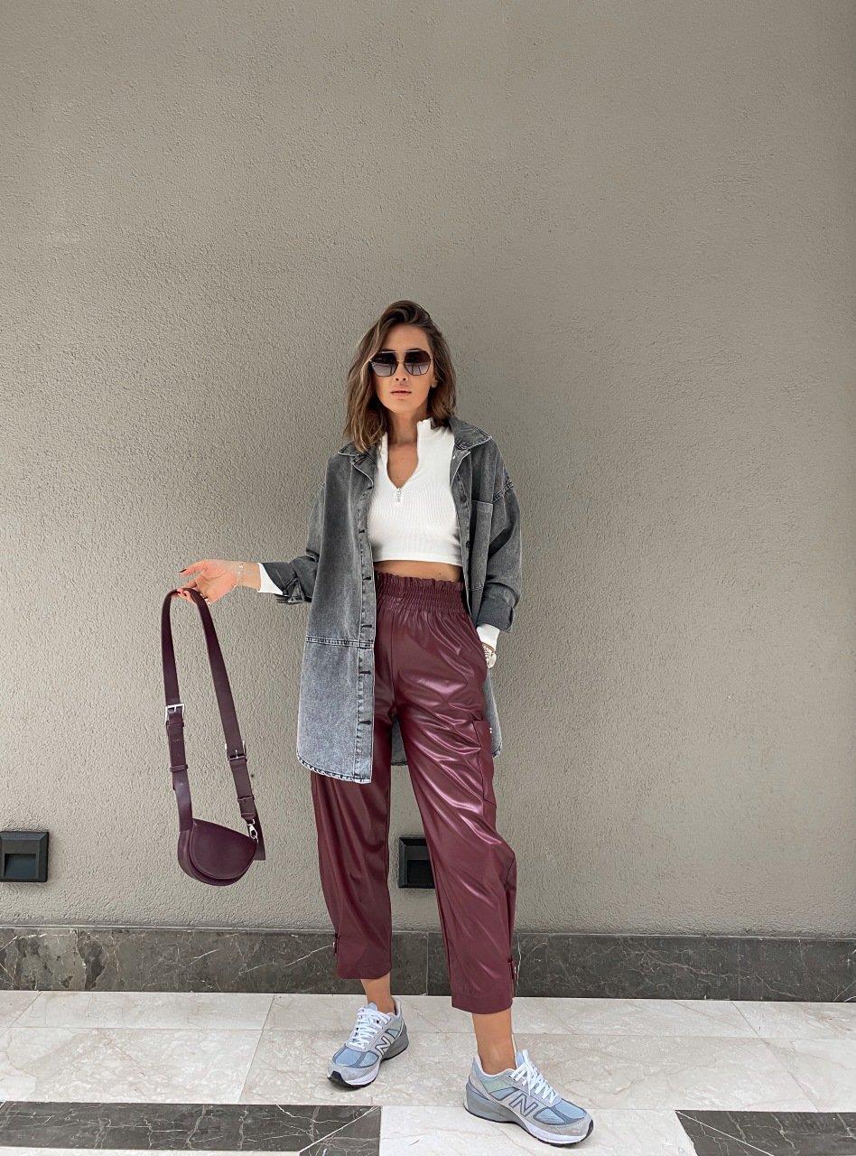 Bordo Çıtçıtlı Deri Pantolon