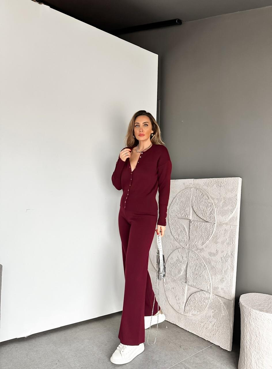 Bordo Çıtçıtlı Detaylı Triko Takım
