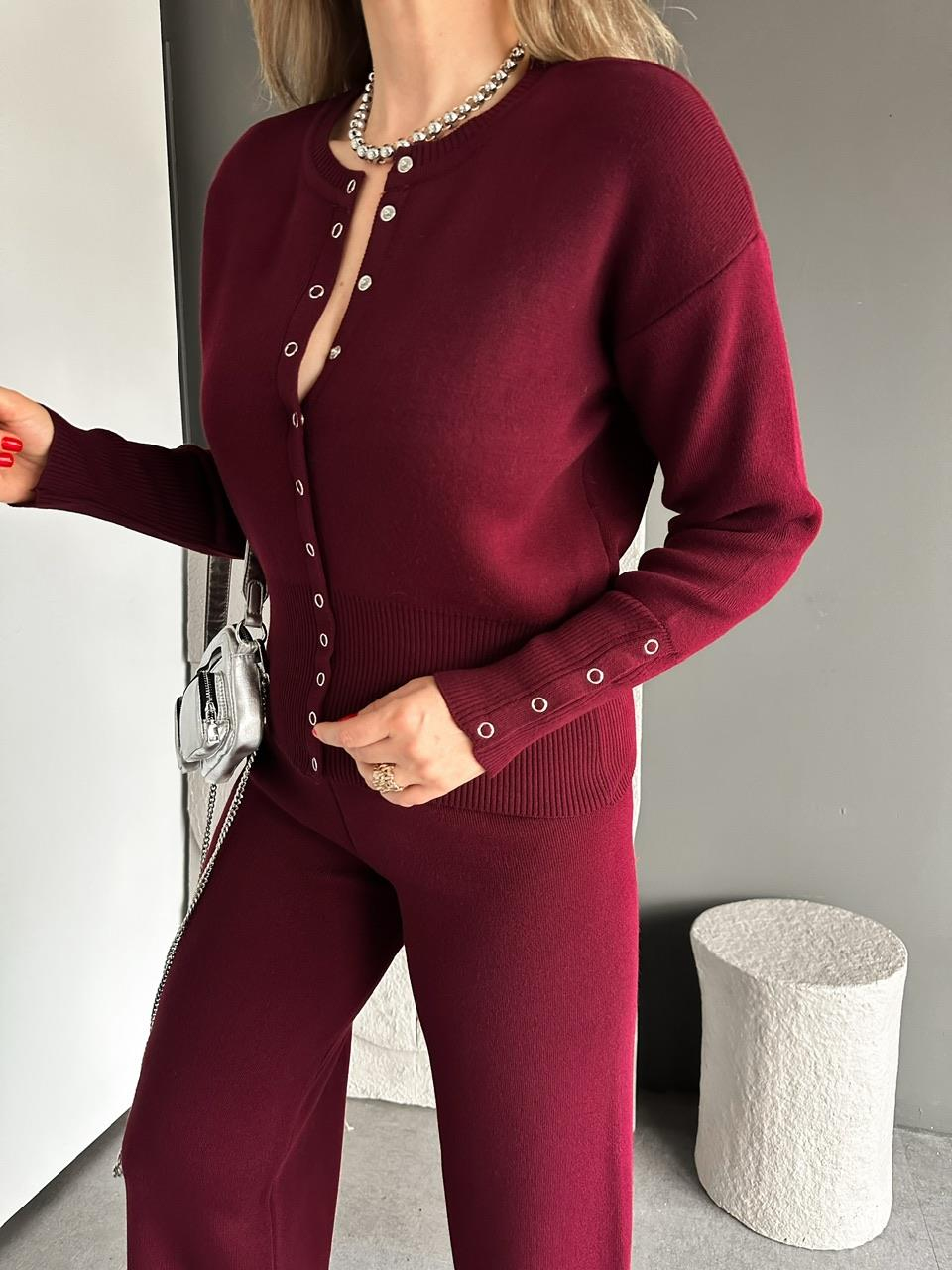 Bordo Çıtçıtlı Detaylı Triko Takım