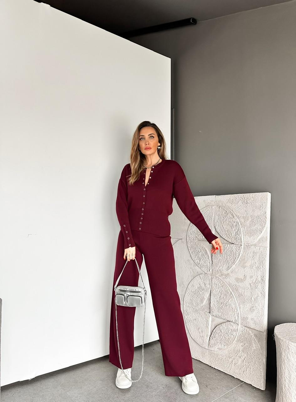 Bordo Çıtçıtlı Detaylı Triko Takım