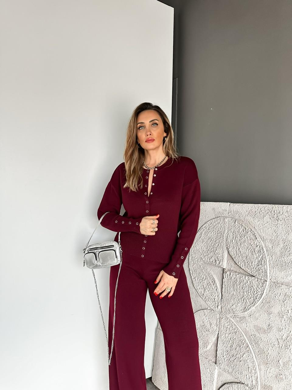 Bordo Çıtçıtlı Detaylı Triko Takım