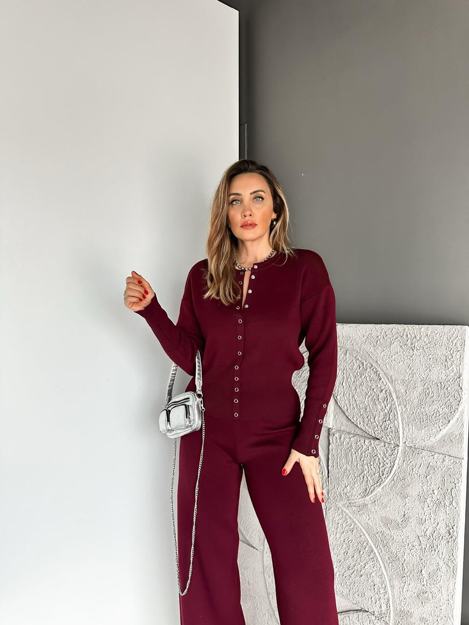 Bordo Çıtçıtlı Detaylı Triko Takım