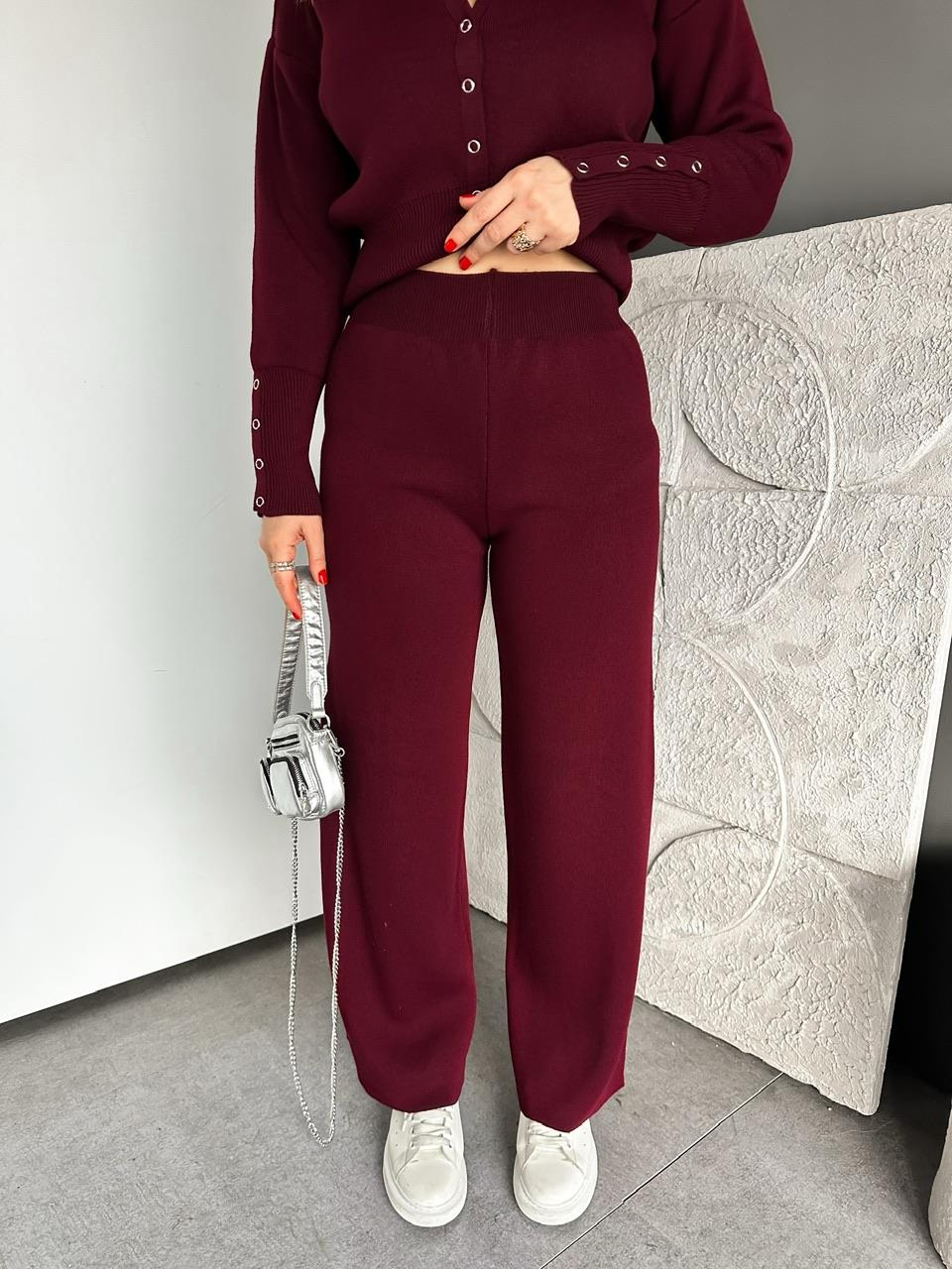 Bordo Çıtçıtlı Detaylı Triko Takım