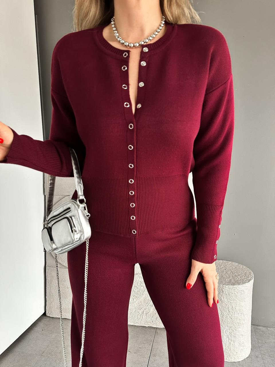Bordo Çıtçıtlı Detaylı Triko Takım