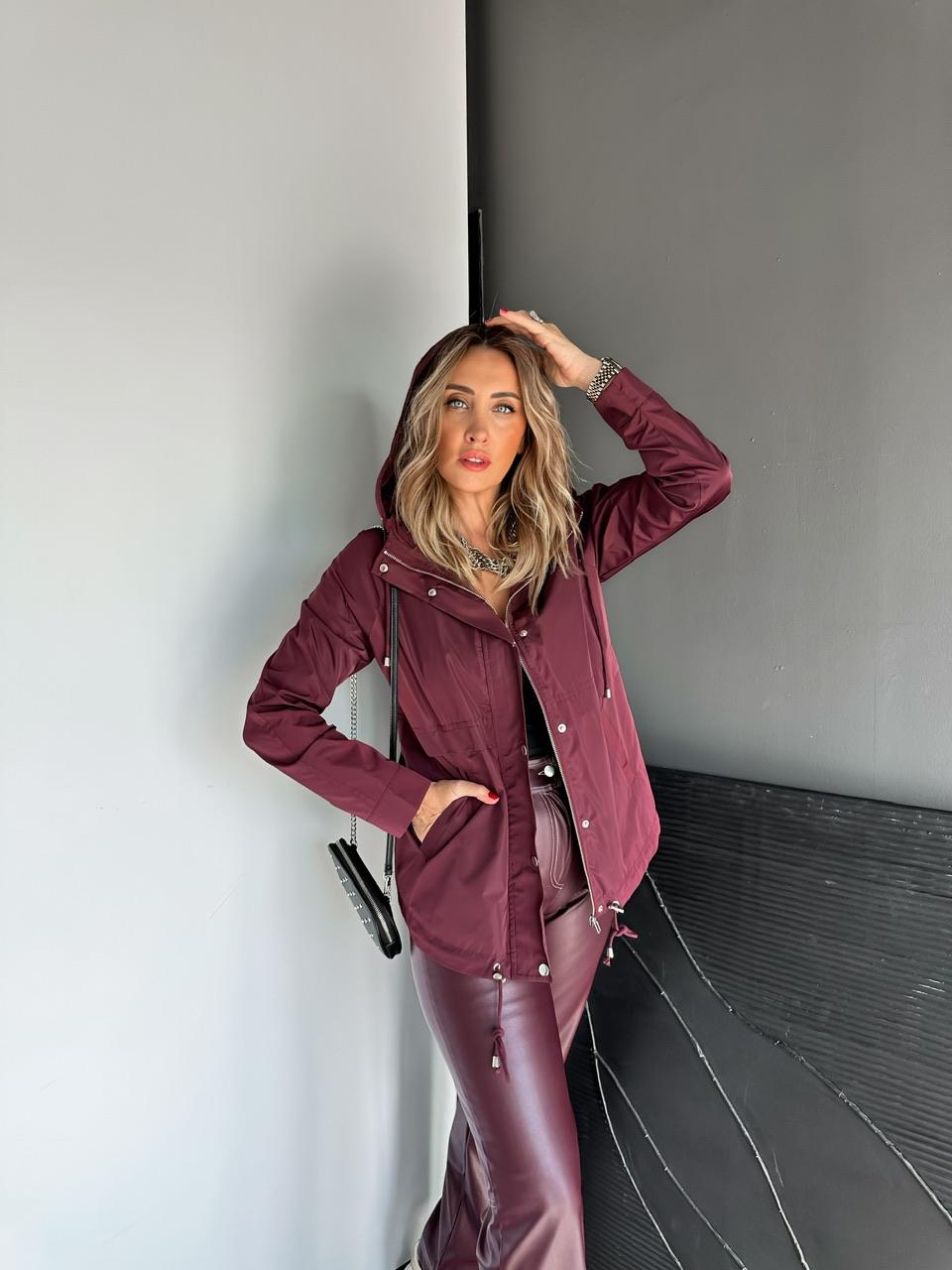 Bordo Cıtcıtlı Kapşonlu Yağmurluk
