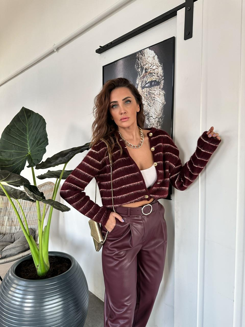 Bordo Çizgili Dokulu Hırka