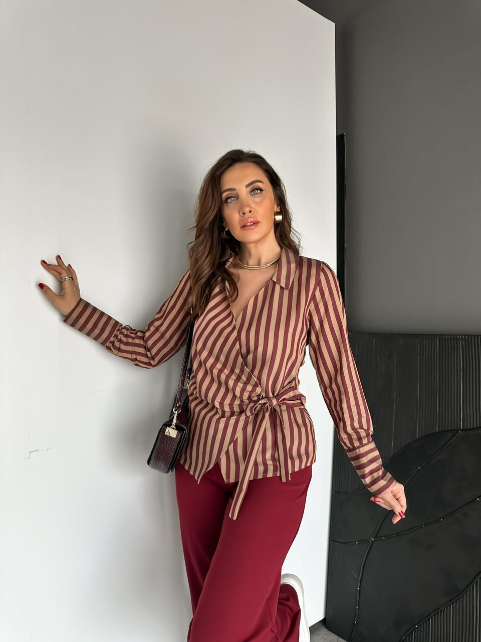 Bordo Çizgili Kruvaze Bağlamalı Gömlek