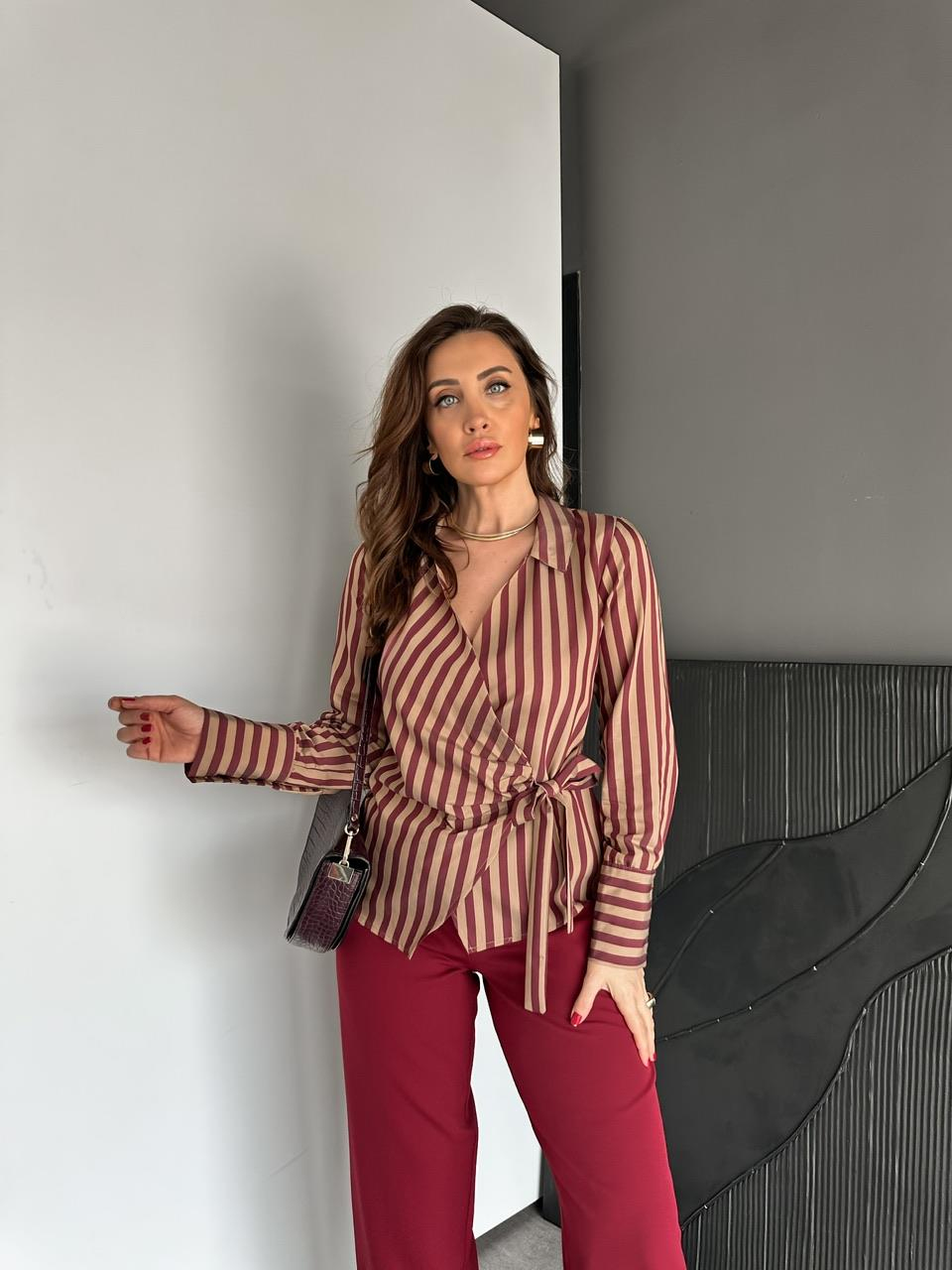 Bordo Çizgili Kruvaze Bağlamalı Gömlek