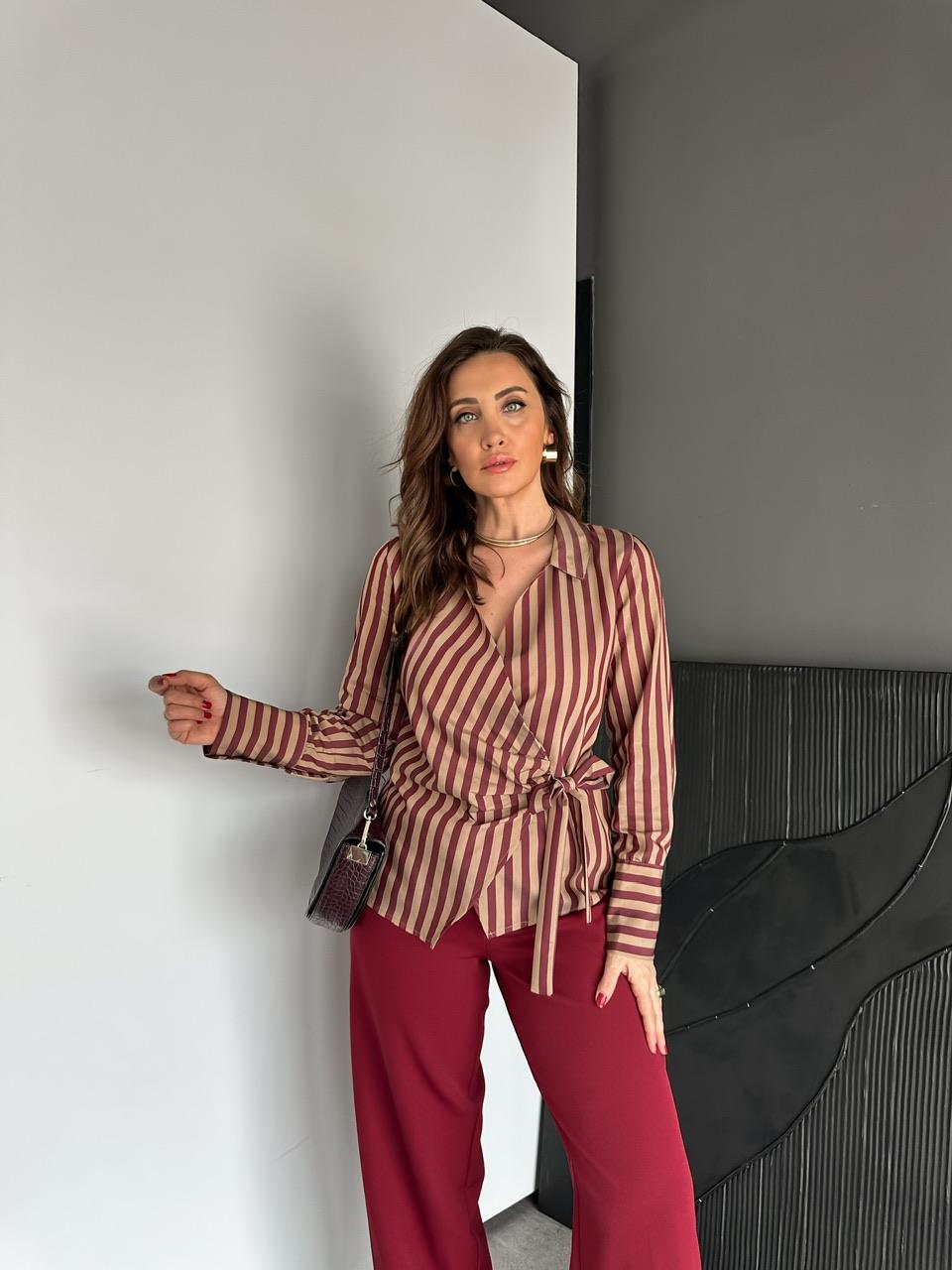 Bordo Çizgili Kruvaze Bağlamalı Gömlek