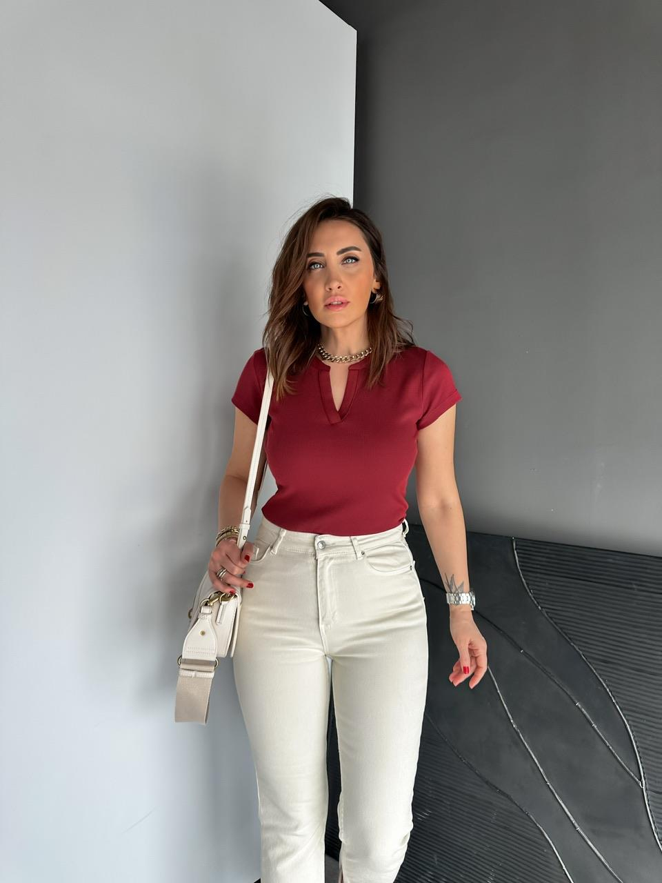 Bordo Damla Yaka Cotton Tshirt