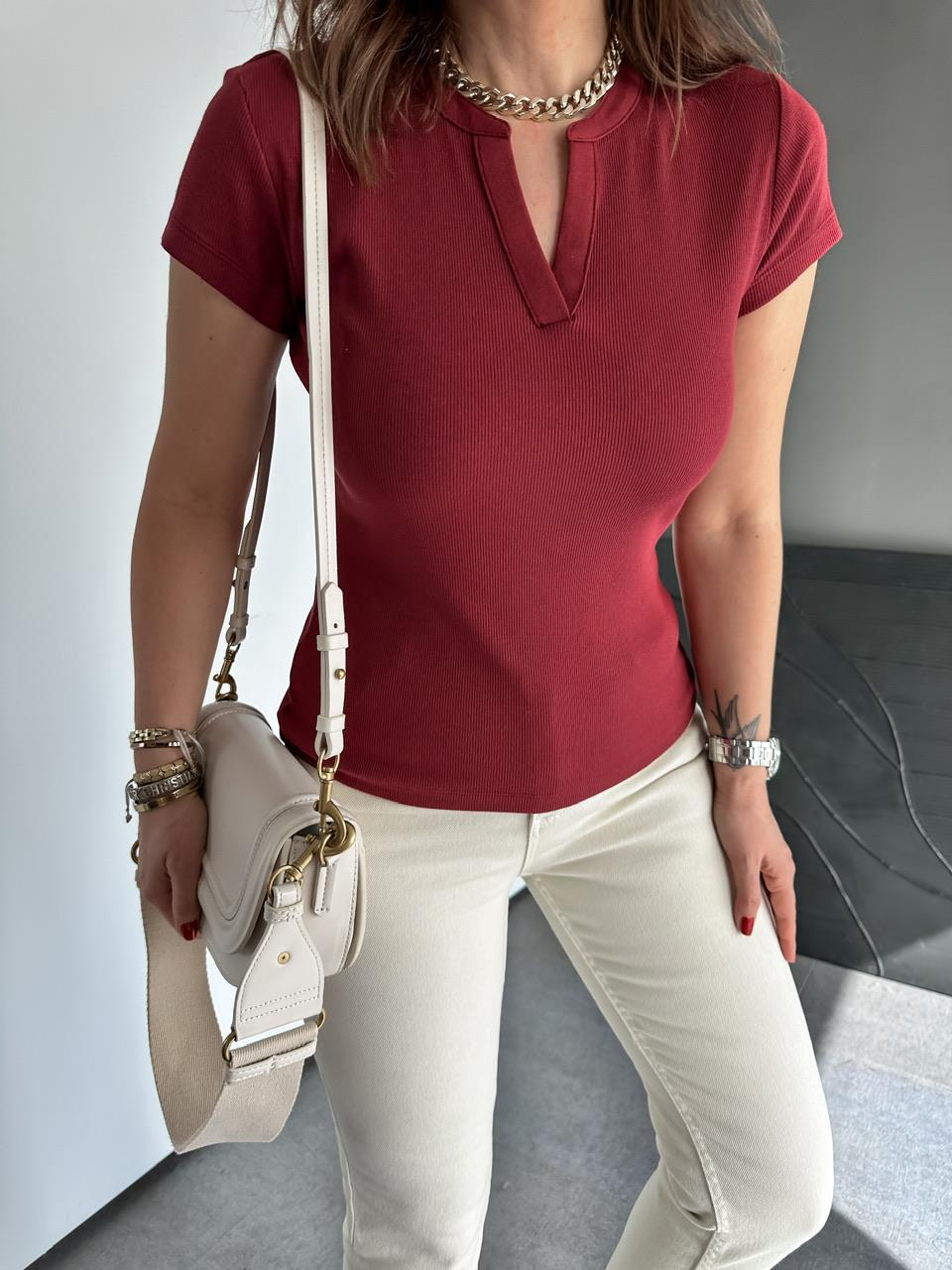 Bordo Damla Yaka Cotton Tshirt