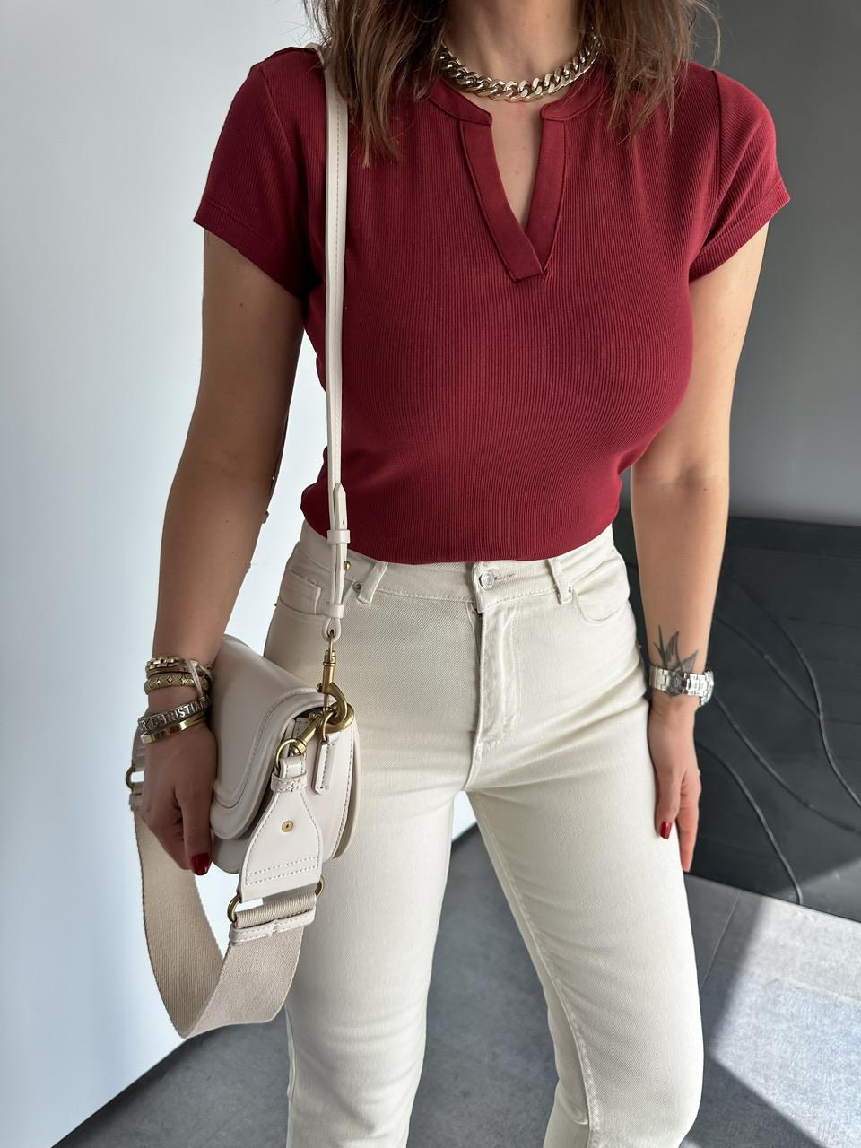 Bordo Damla Yaka Cotton Tshirt