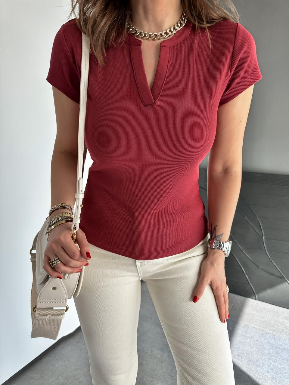 Bordo Damla Yaka Cotton Tshirt