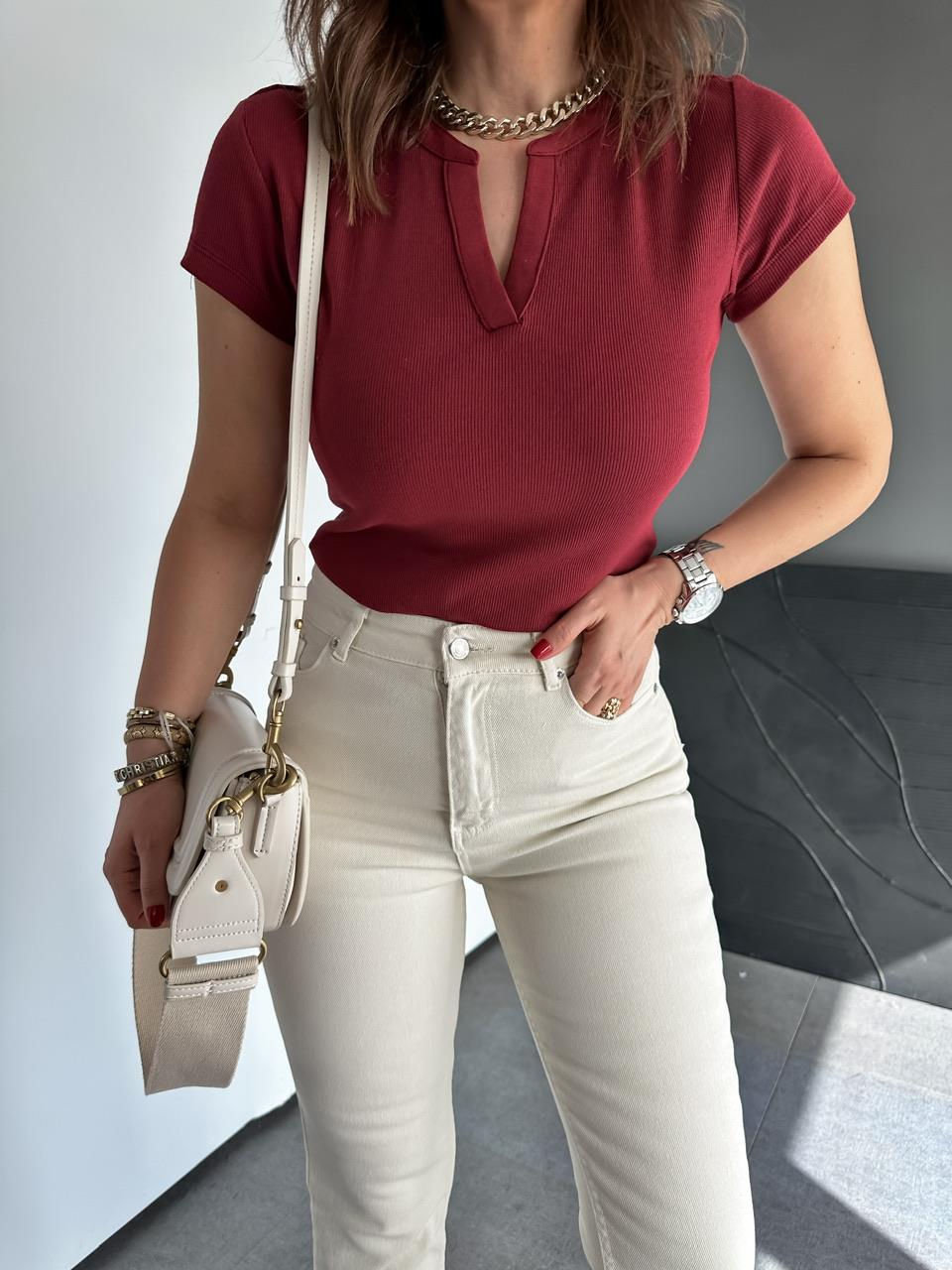 Bordo Damla Yaka Cotton Tshirt