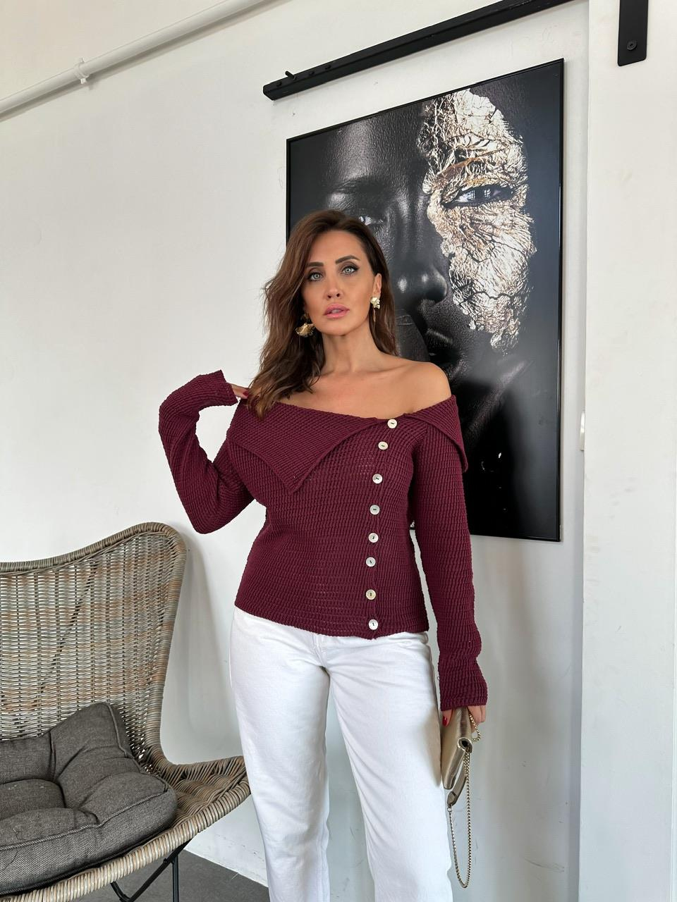 Bordo Degaje Düğmeli Kazak