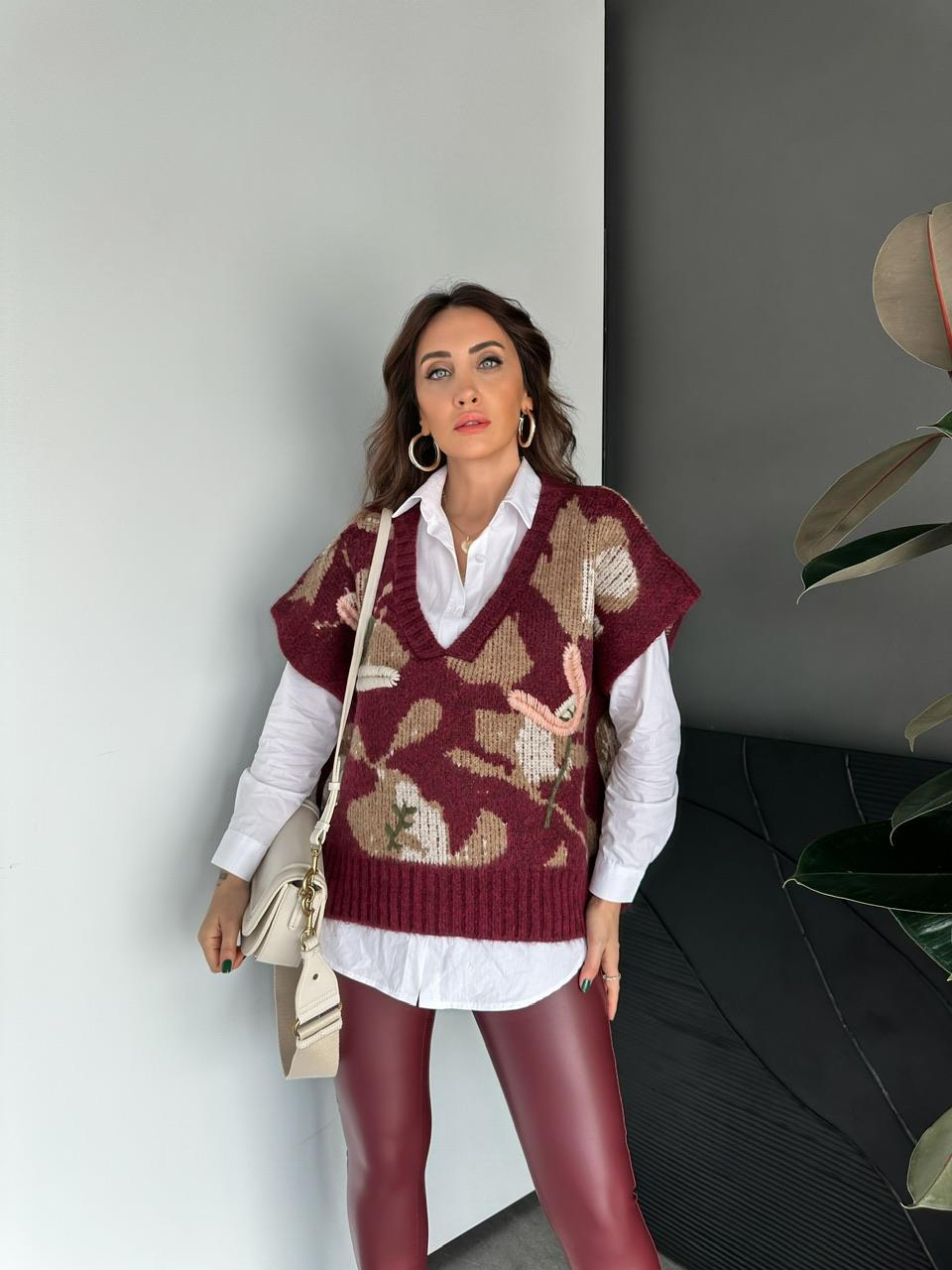 Bordo Desenli Gömlekli Süveter