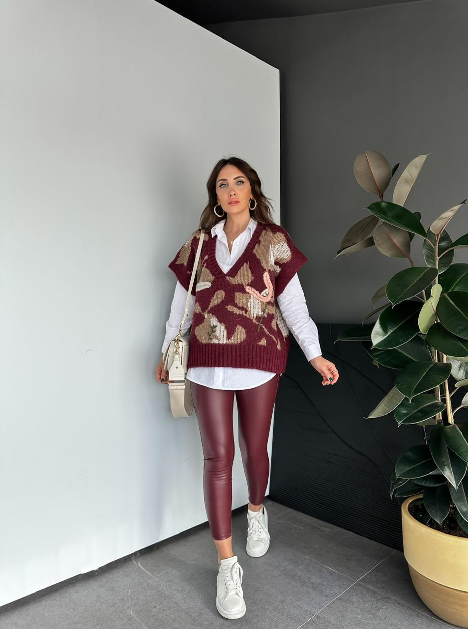 Bordo Desenli Gömlekli Süveter