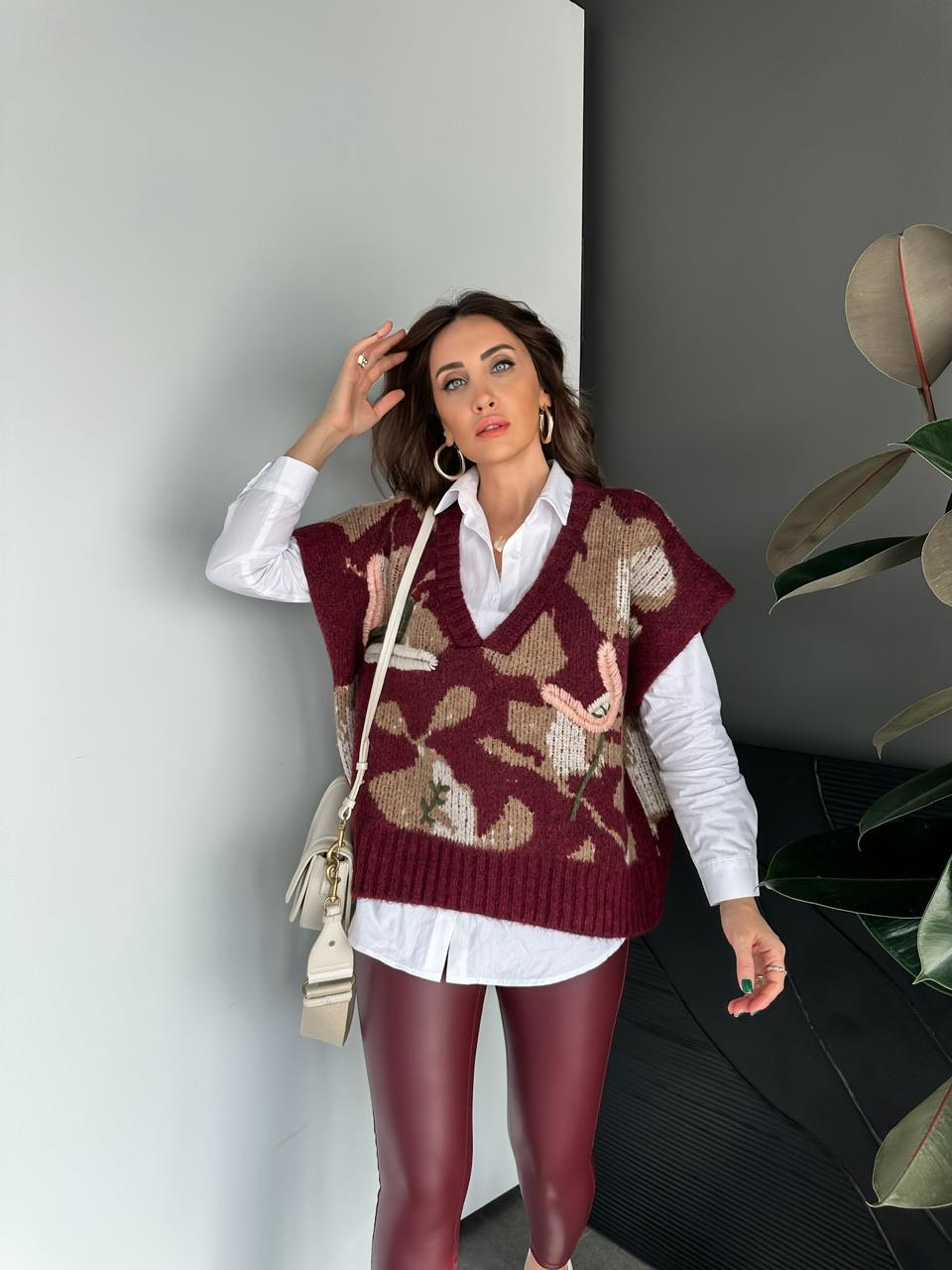 Bordo Desenli Gömlekli Süveter