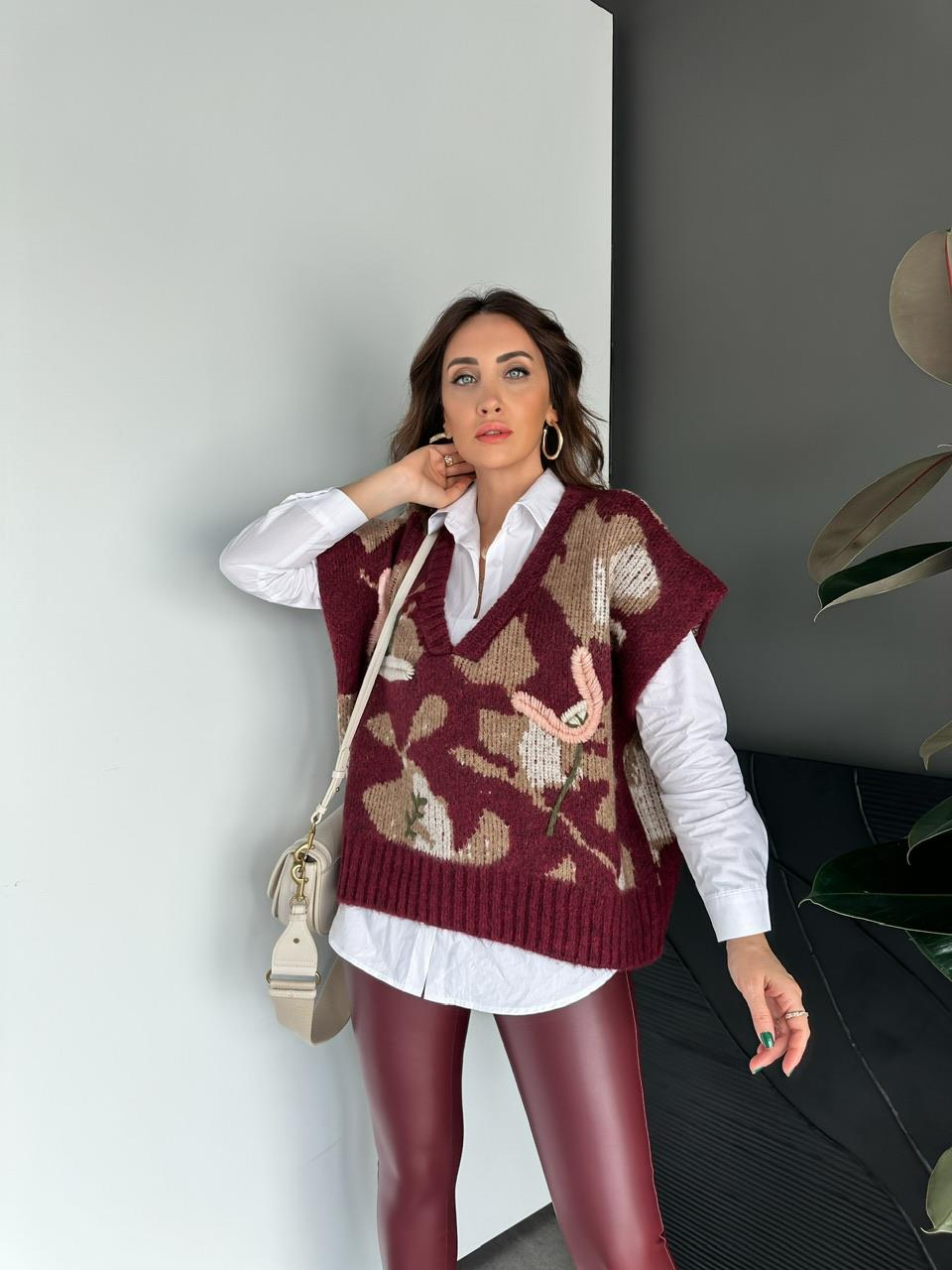 Bordo Desenli Gömlekli Süveter
