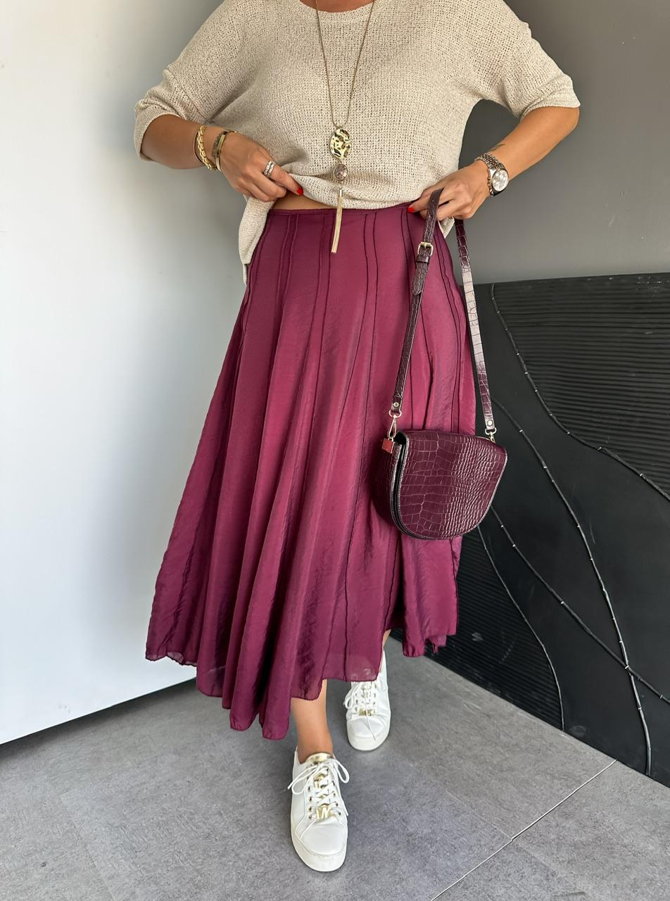 Bordo Dikişli  Astarlı Kloş Etek