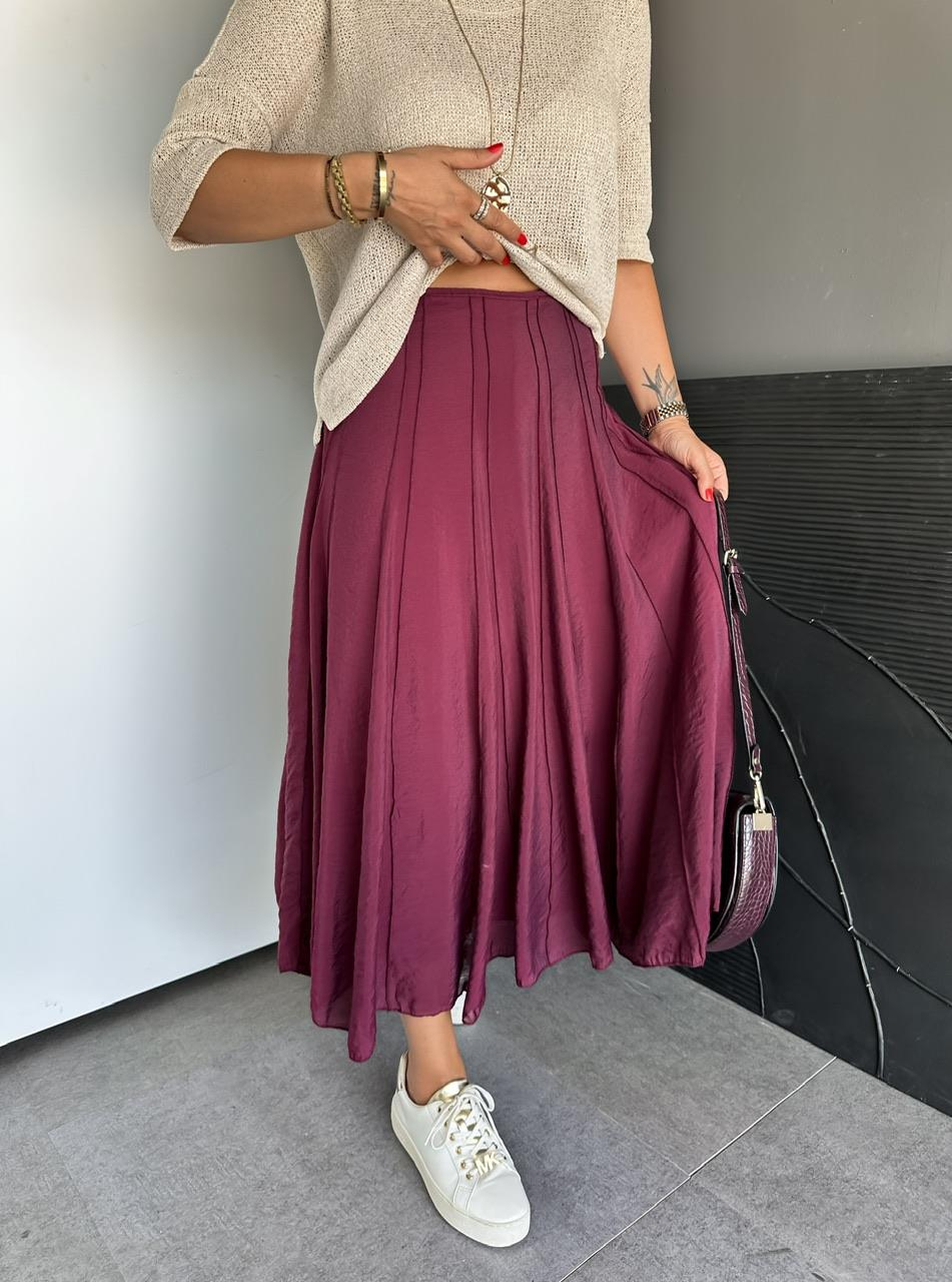 Bordo Dikişli  Astarlı Kloş Etek