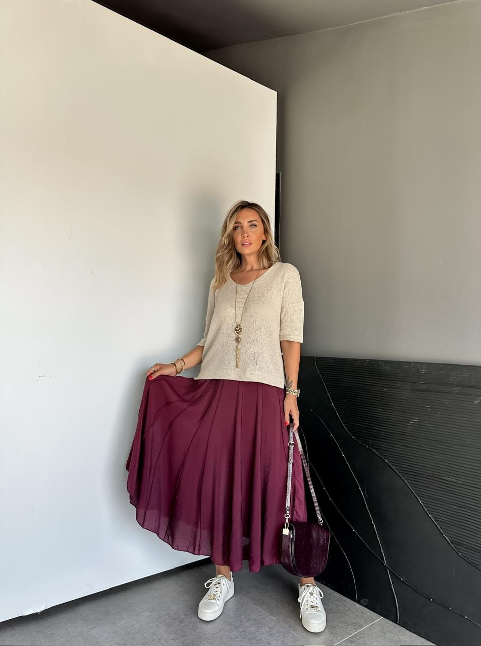 Bordo Dikişli  Astarlı Kloş Etek