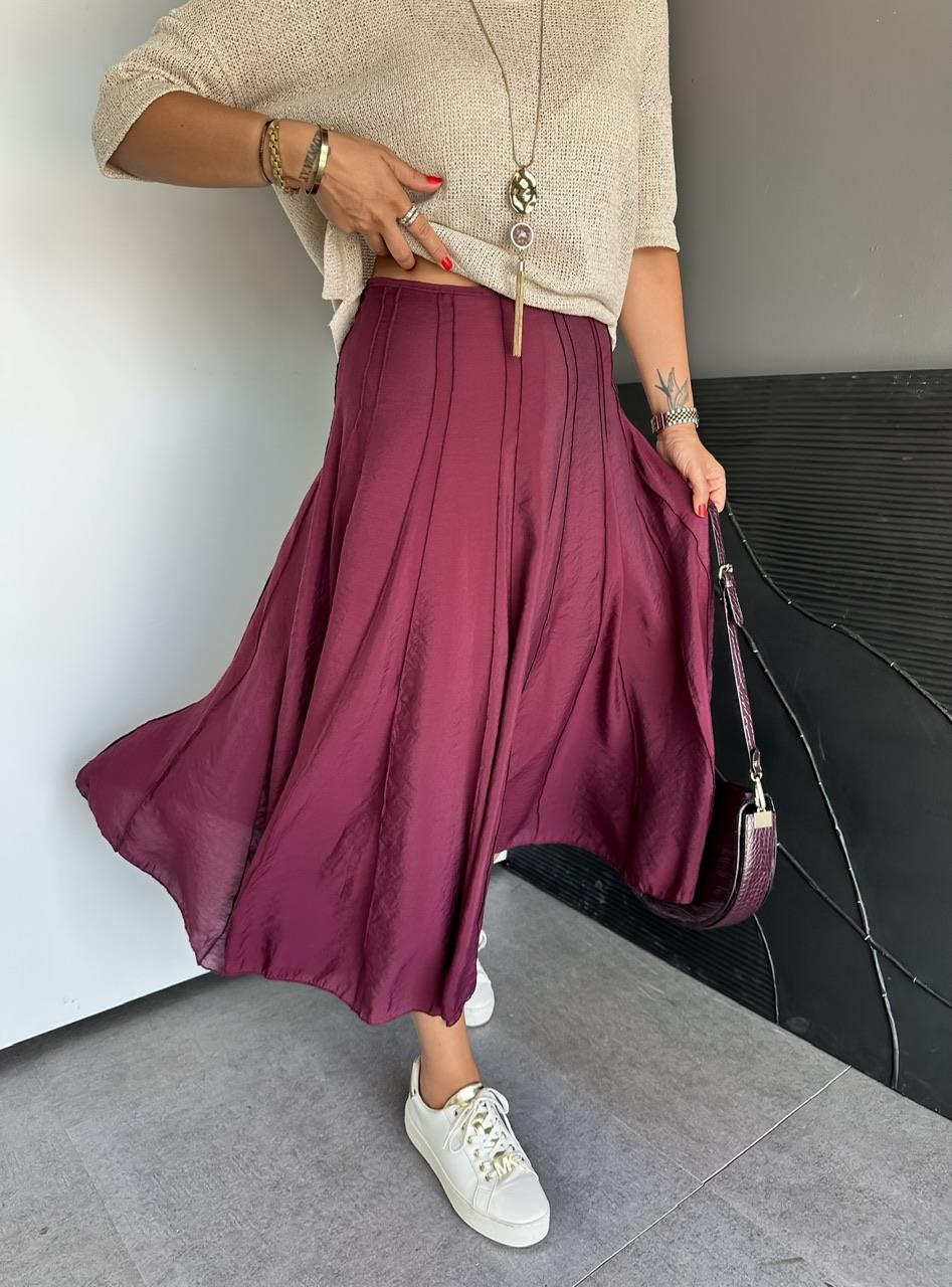 Bordo Dikişli  Astarlı Kloş Etek