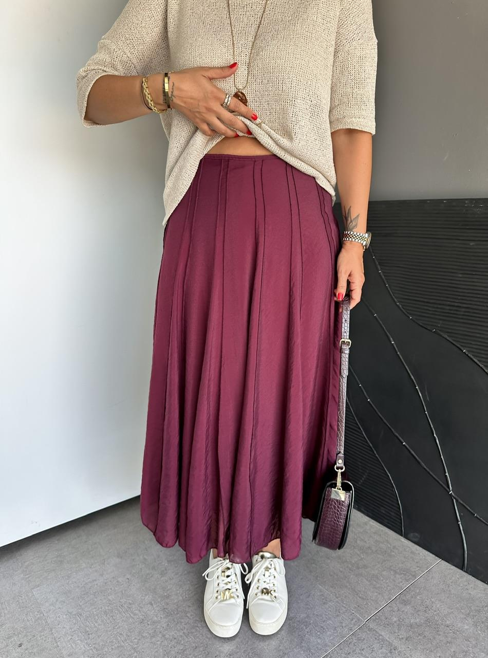 Bordo Dikişli  Astarlı Kloş Etek