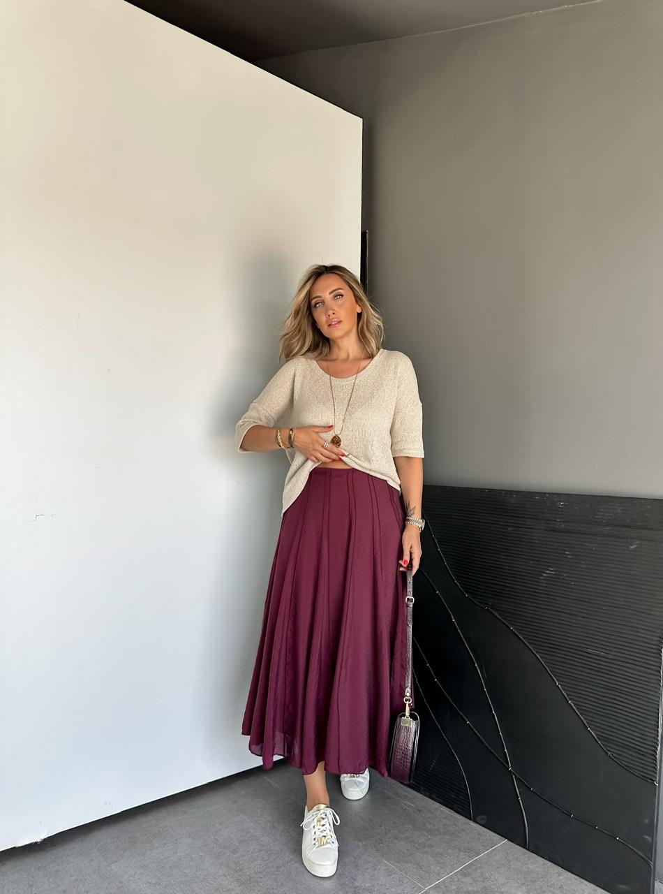 Bordo Dikişli  Astarlı Kloş Etek