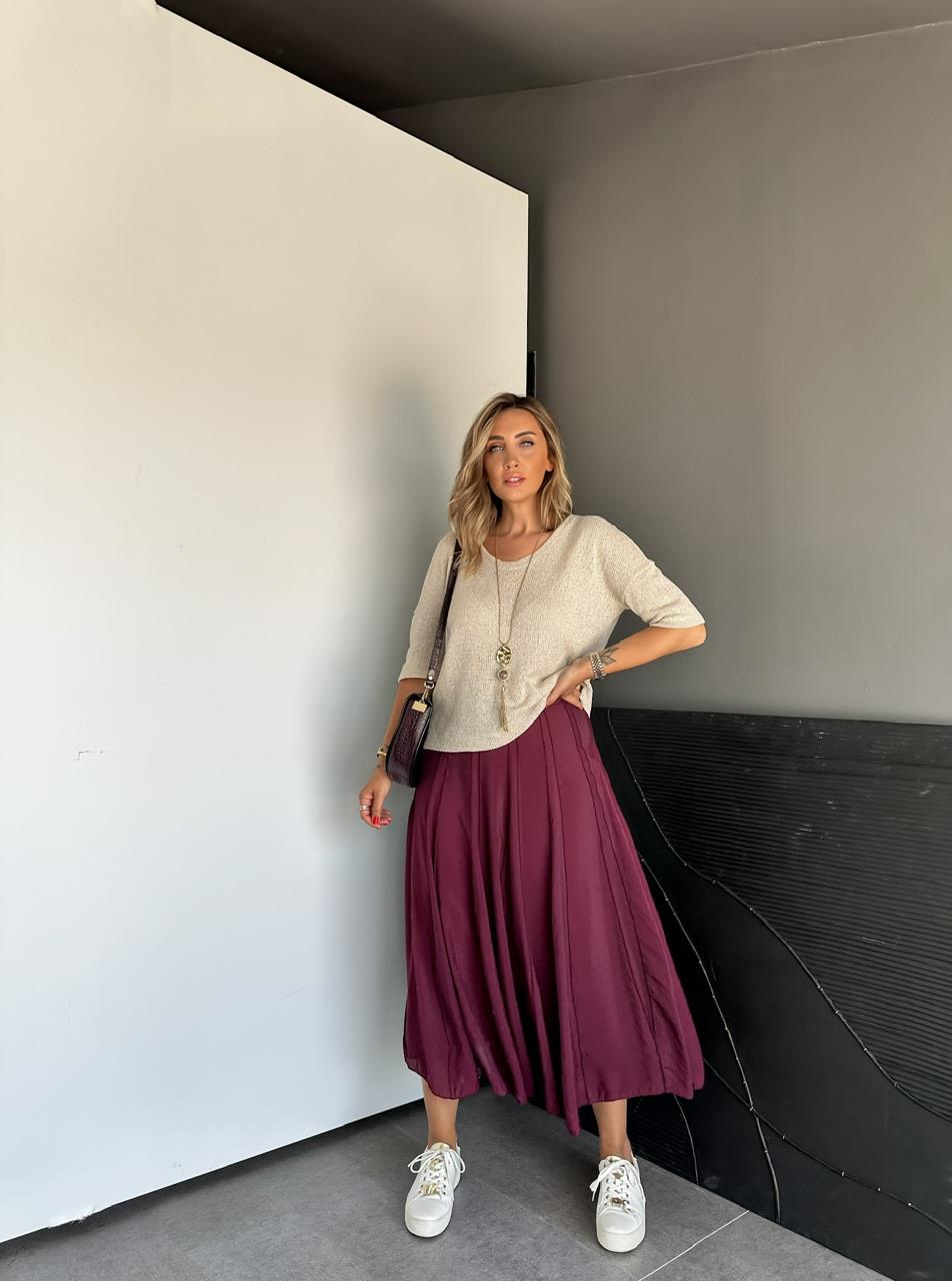 Bordo Dikişli  Astarlı Kloş Etek