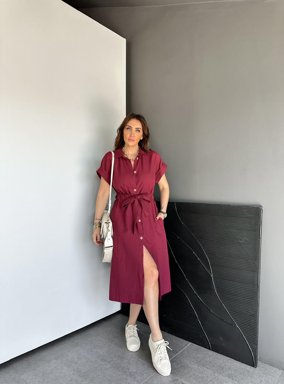 Bordo Düğmeli Beli Lastikli Keten Elbise