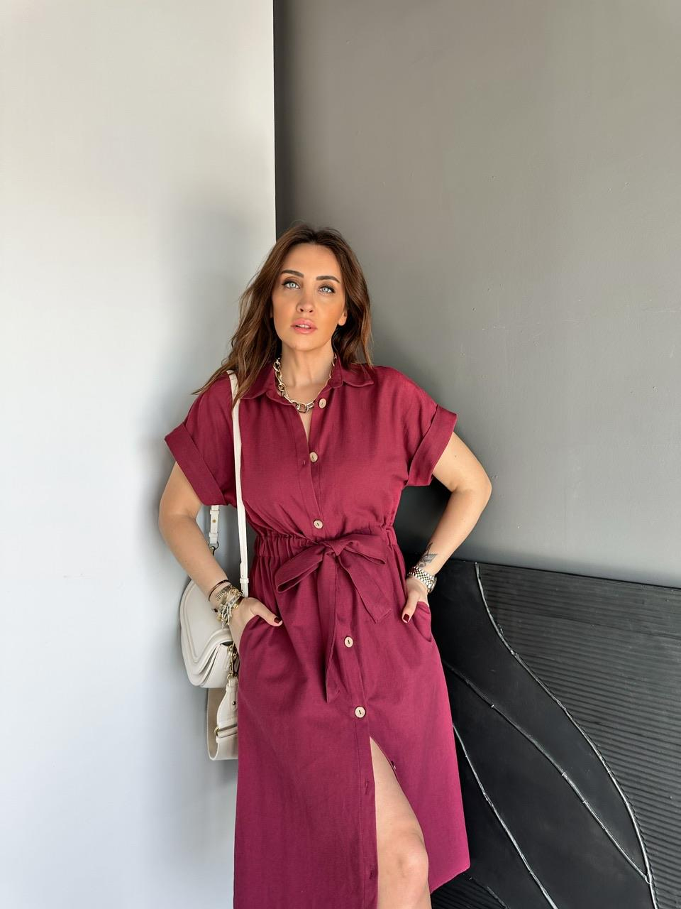 Bordo Düğmeli Beli Lastikli Keten Elbise