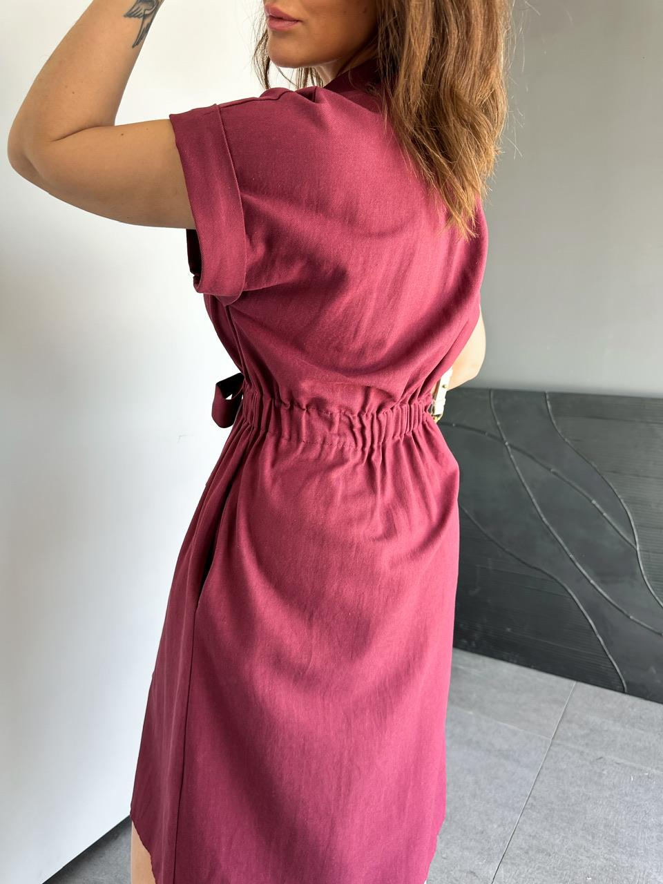 Bordo Düğmeli Beli Lastikli Keten Elbise
